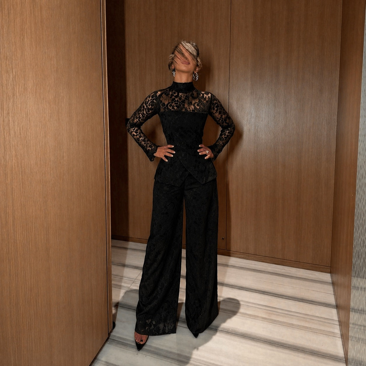 French Lace High-Neck Long Sleeve Jumpsuit