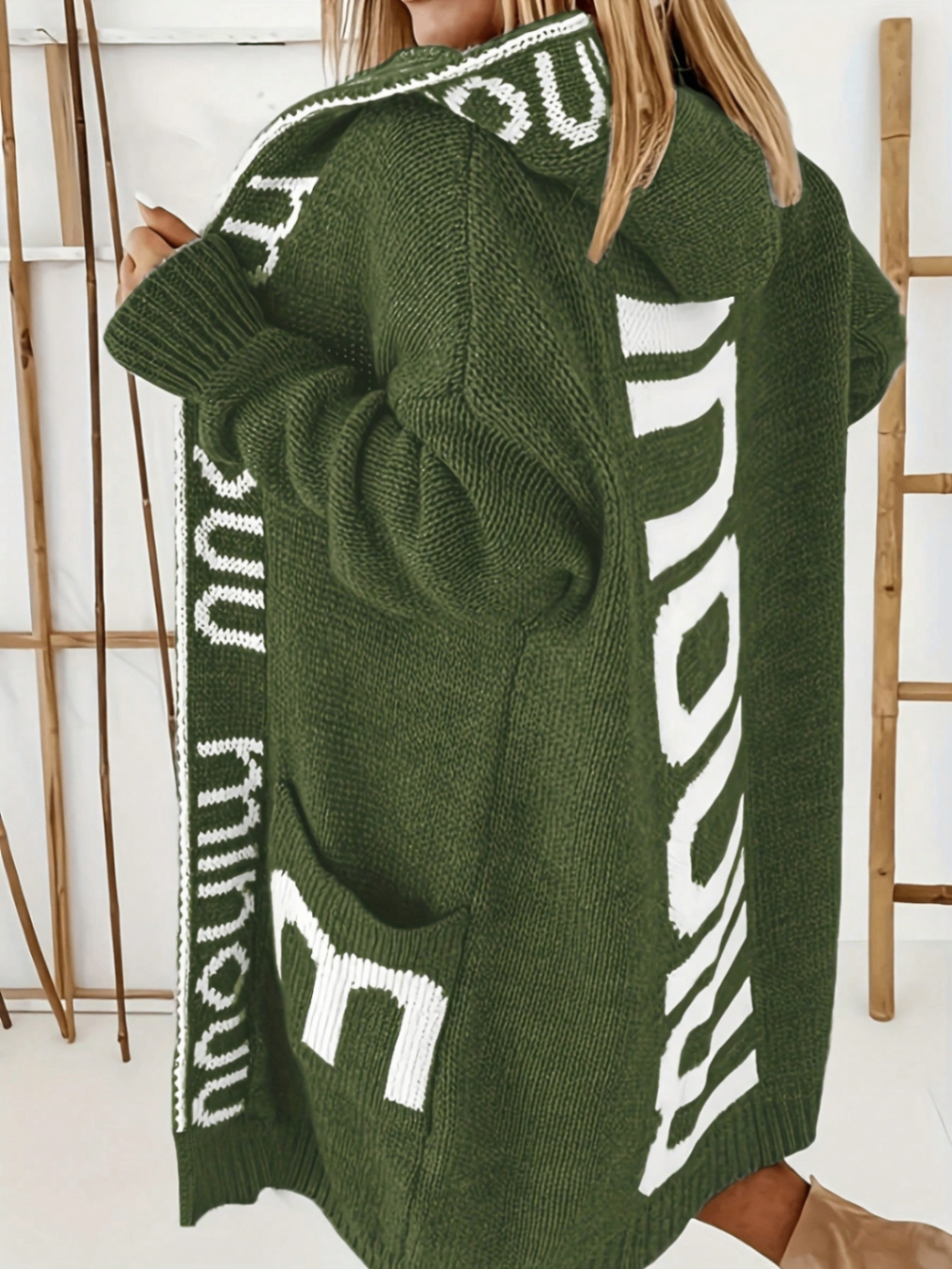 Women Loose Mid-length Hooded Knit Cardigan, Contrast Letter Jacquard Pockets Lazy Style Thick Sweater Coat for Fall Winter