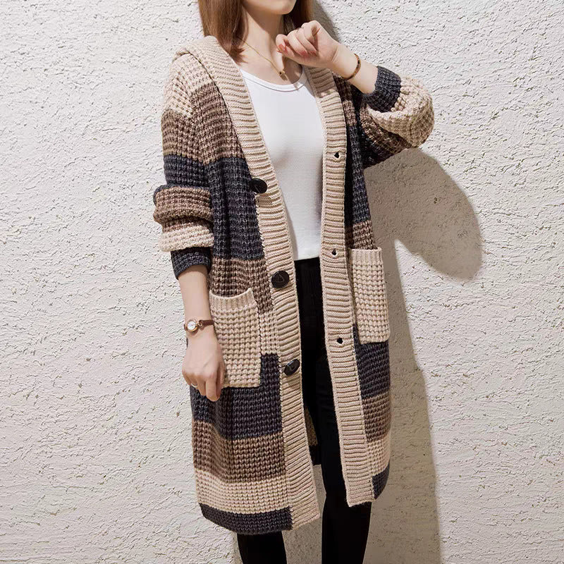 Laid-back, Relaxed-fit Mid-length Hooded Womens Sweater Coat in Chunky Knit