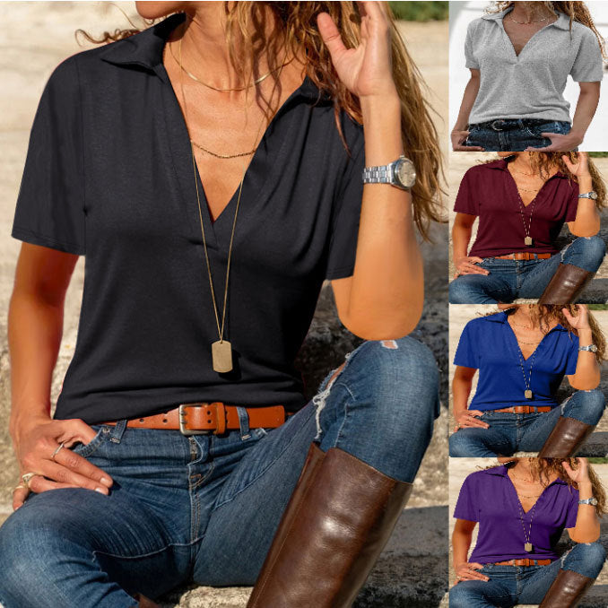 V-Neck Polo Shirt – Short Sleeve, Solid Color, Stretchy Comfort