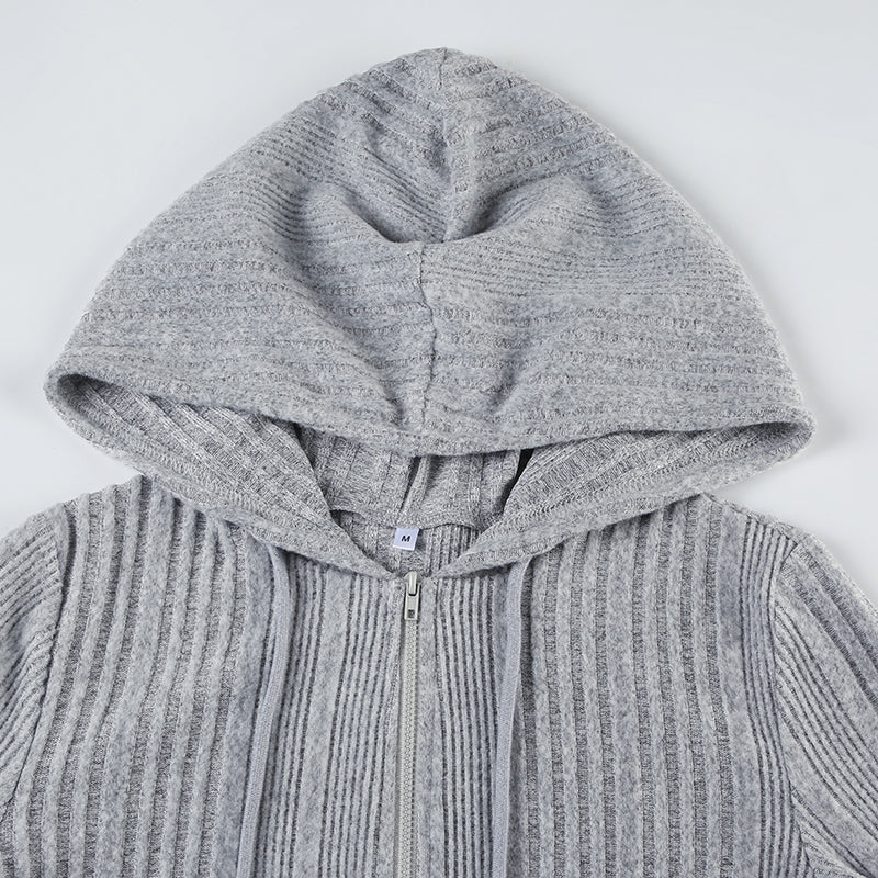 Cozy Grey Hooded Knit Cardigan with Zipper