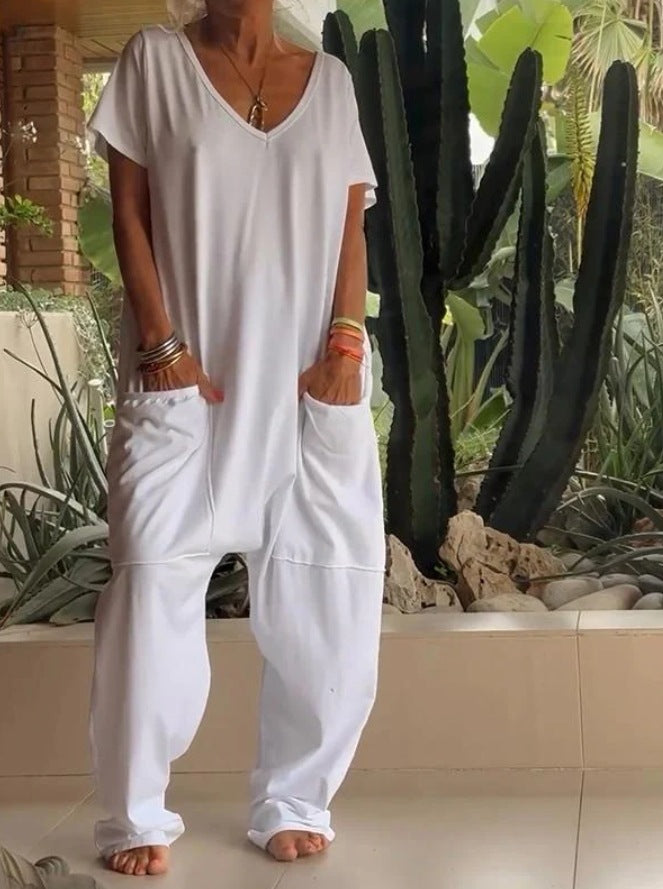 Oversized V-Neck Pocket Jumpsuit Casual Romper