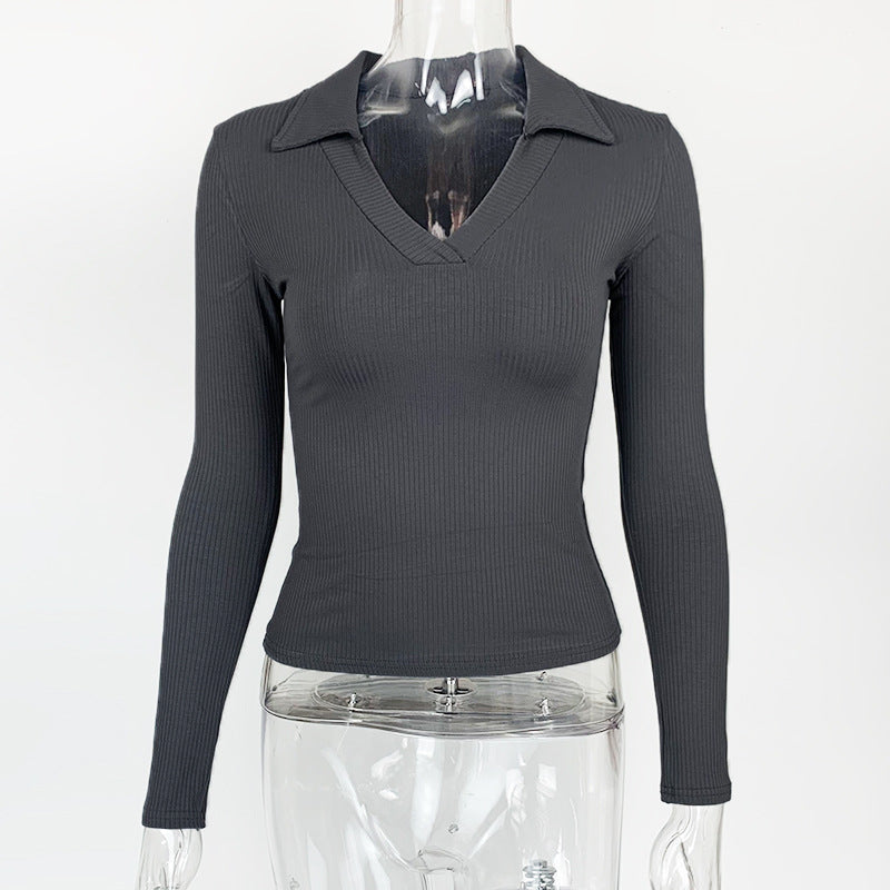 French-style Elegant Polo-neck Tight-fitting Pure Cotton Ribbed Fabric Deep V-neck Long-sleeve T-shirt
