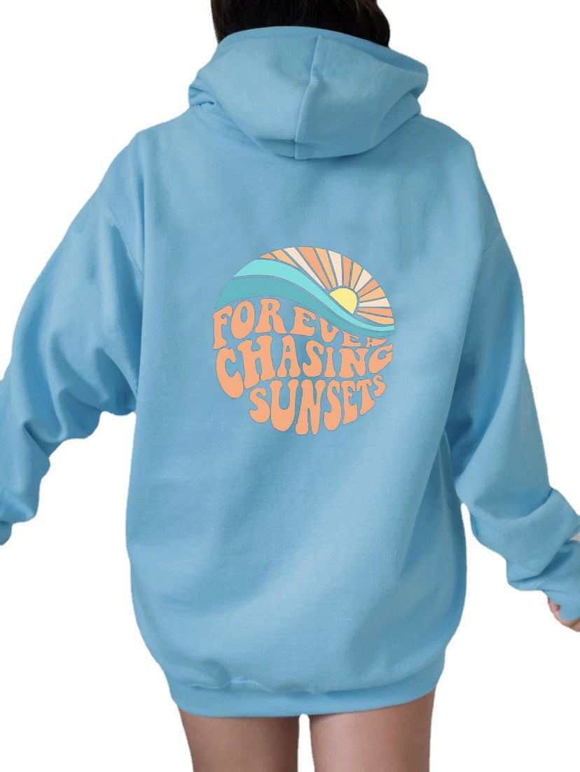Sunset Print Fleece-Lined Kangaroo Pocket Hoodie