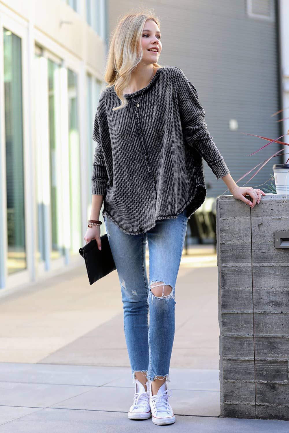 Women's Casual Washed Waffle Long-Sleeve Pullover Top