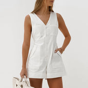 White V-Neck Cotton Linen Short Wide Leg Jumpsuit