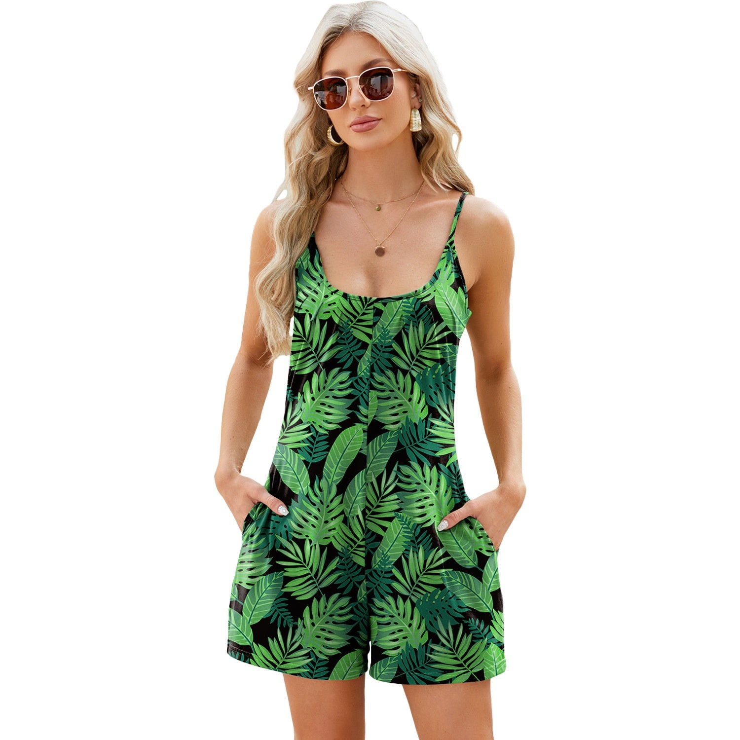 Solid-color Casual Jumpsuit With Straps Loose Fit And Patch Pockets