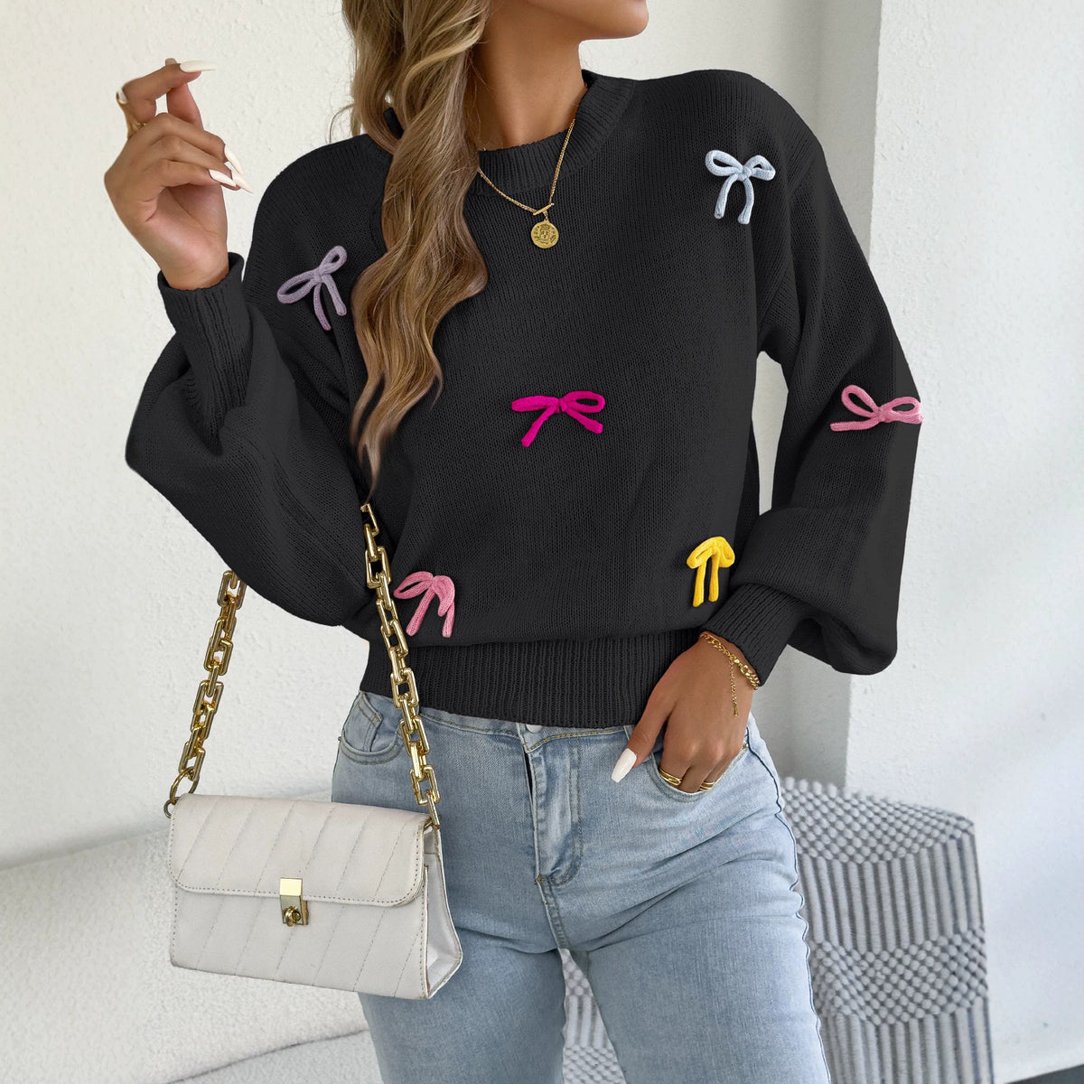 Fashionable Colorful Bow-knot Lantern-sleeve Waist-cinching Sweater