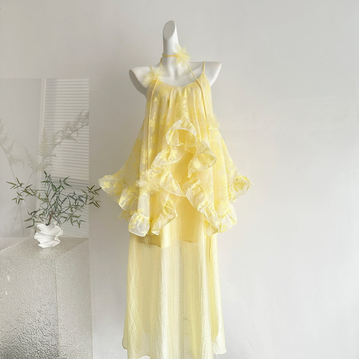 Ruffled Faux Two-piece Flared Strap Dress