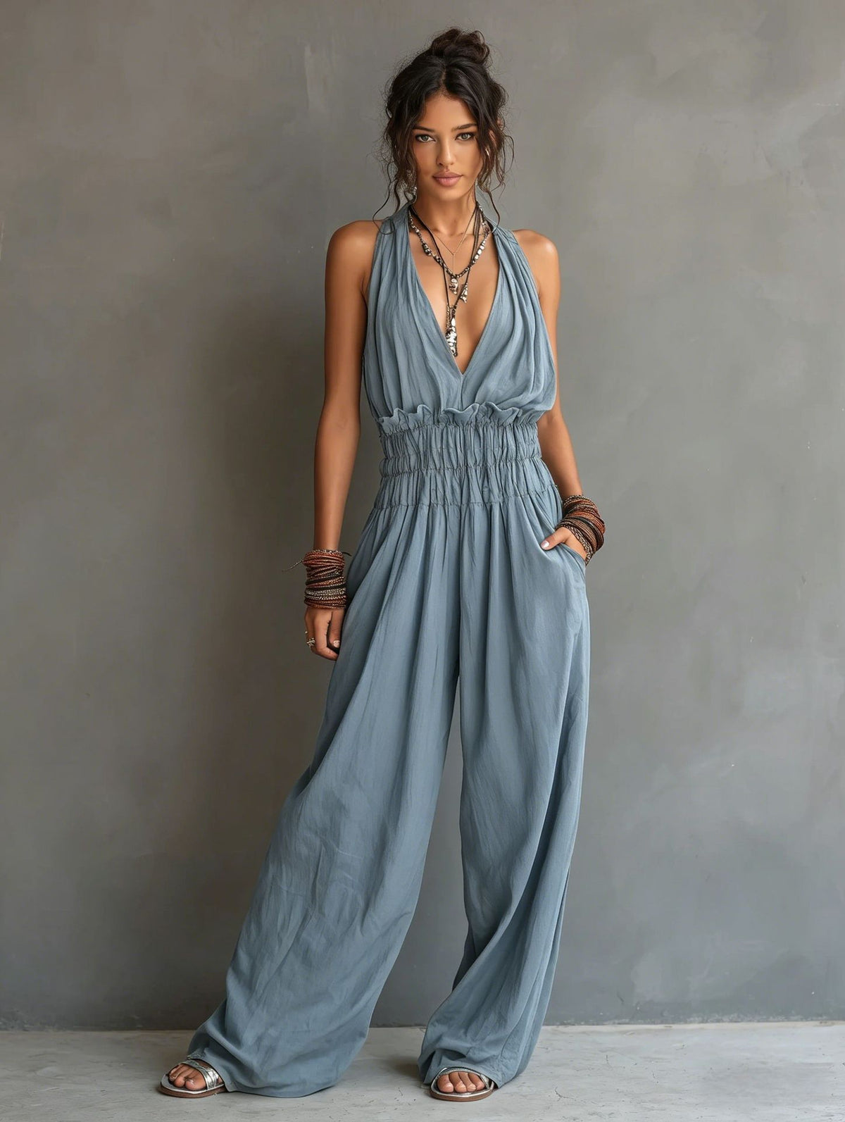 Halter V-Neck Waist-Cinching One-Piece Jumpsuit