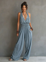 Halter V-Neck Waist-Cinching One-Piece Jumpsuit