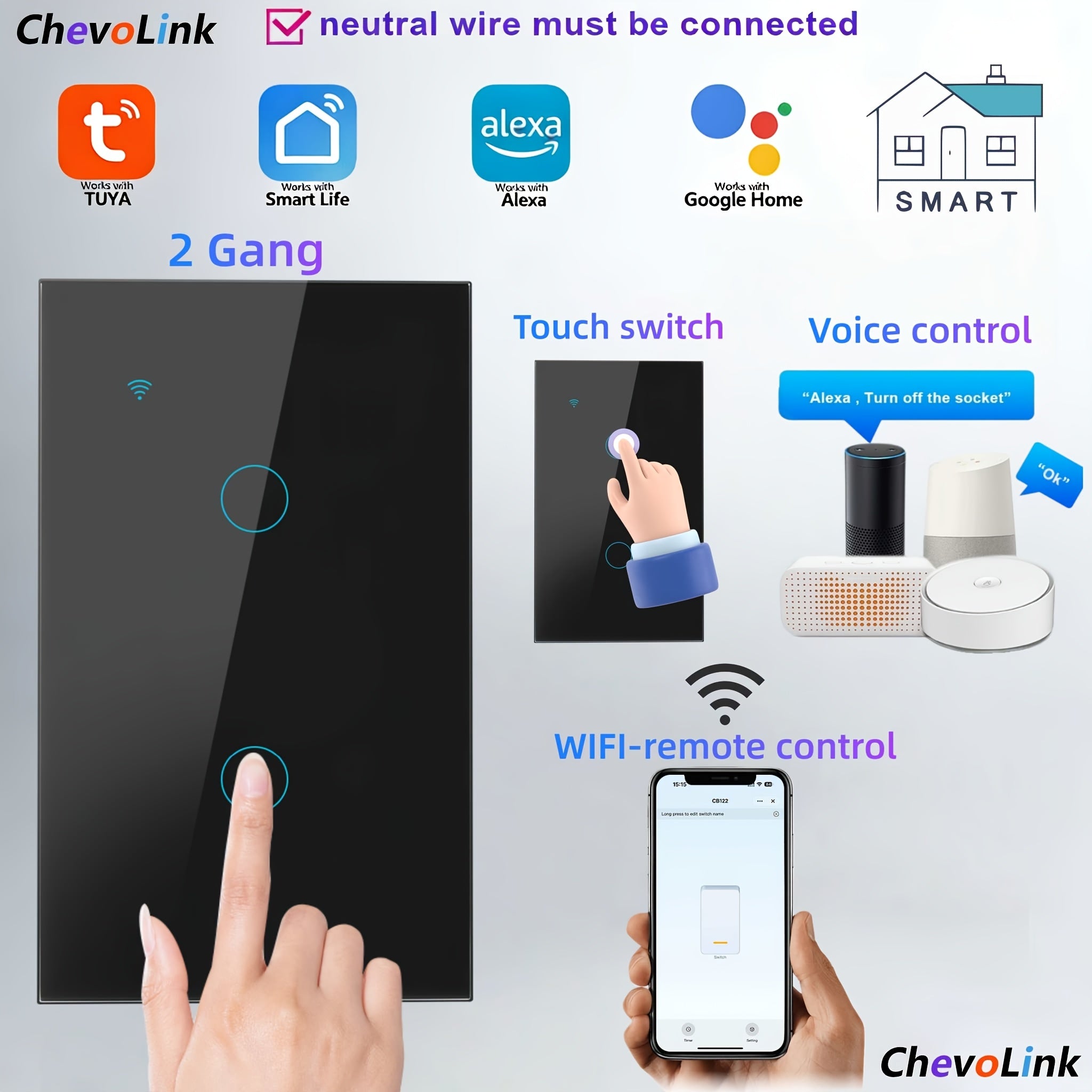 Black Smart Wi‑Fi Touch Light Wall Switch, Tempered Glass Panel, 1‑4 Channel Options, Requires Neutral Wire, 100‑240 V