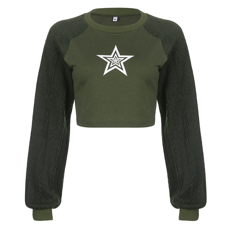 Star Print Contrast Raglan Sleeve Trendy Sweater