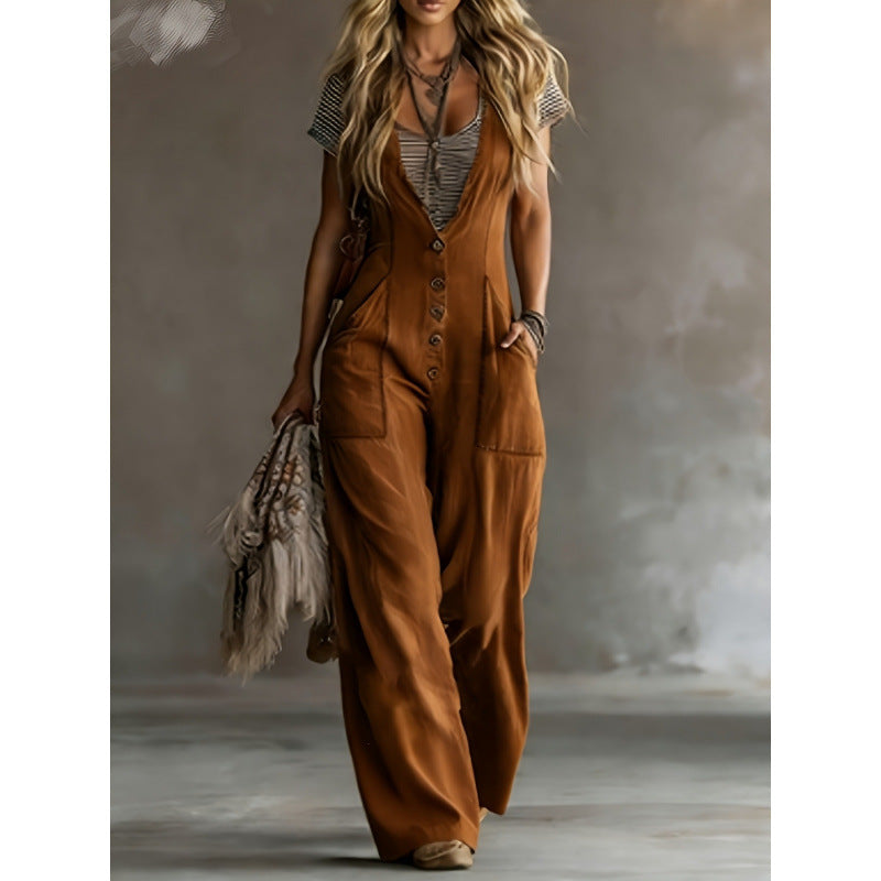 Women's Casual Minimalist Sleeveless Wide-Leg Jumpsuit with Pockets