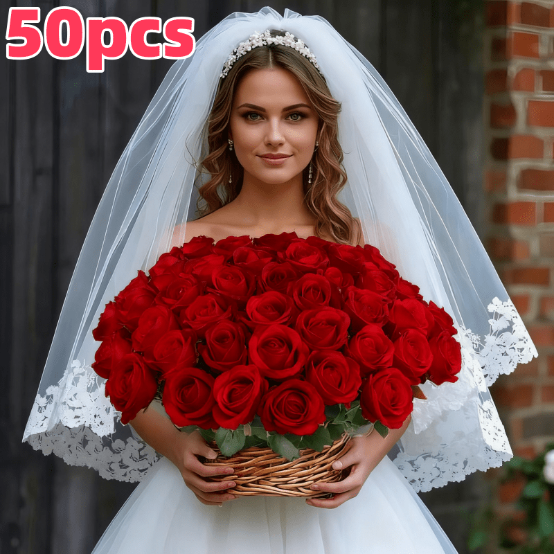 50pcs White Rose Stems - Lifelike Artificial Roses, Red Faux Flowers for DIY Wedding Bouquets, Bridal Gifts & Elegant Floral Decorations – Perfect for Valentine's Day, Anniversaries, Holidays, Office…