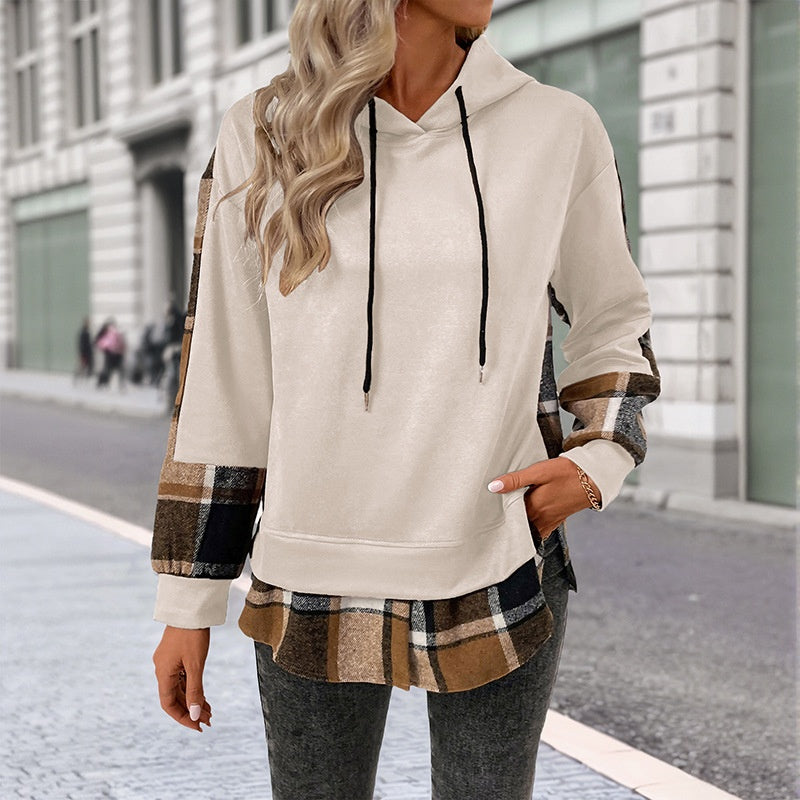 European And American Long Sleeve Plaid Colorblock Hooded Velvet Padded Sweater