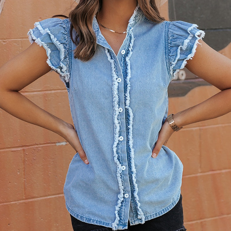 Single Row Multi-buckle Shirt Solid Color Short Sleeve Top