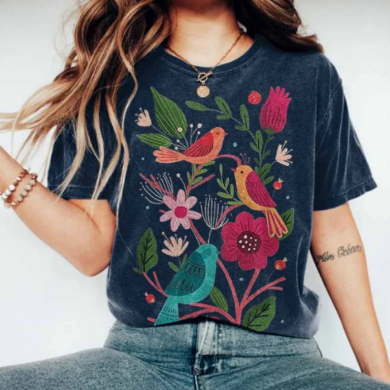 Floral & Bird Print Women's Short Sleeve Tee – Casual Navy