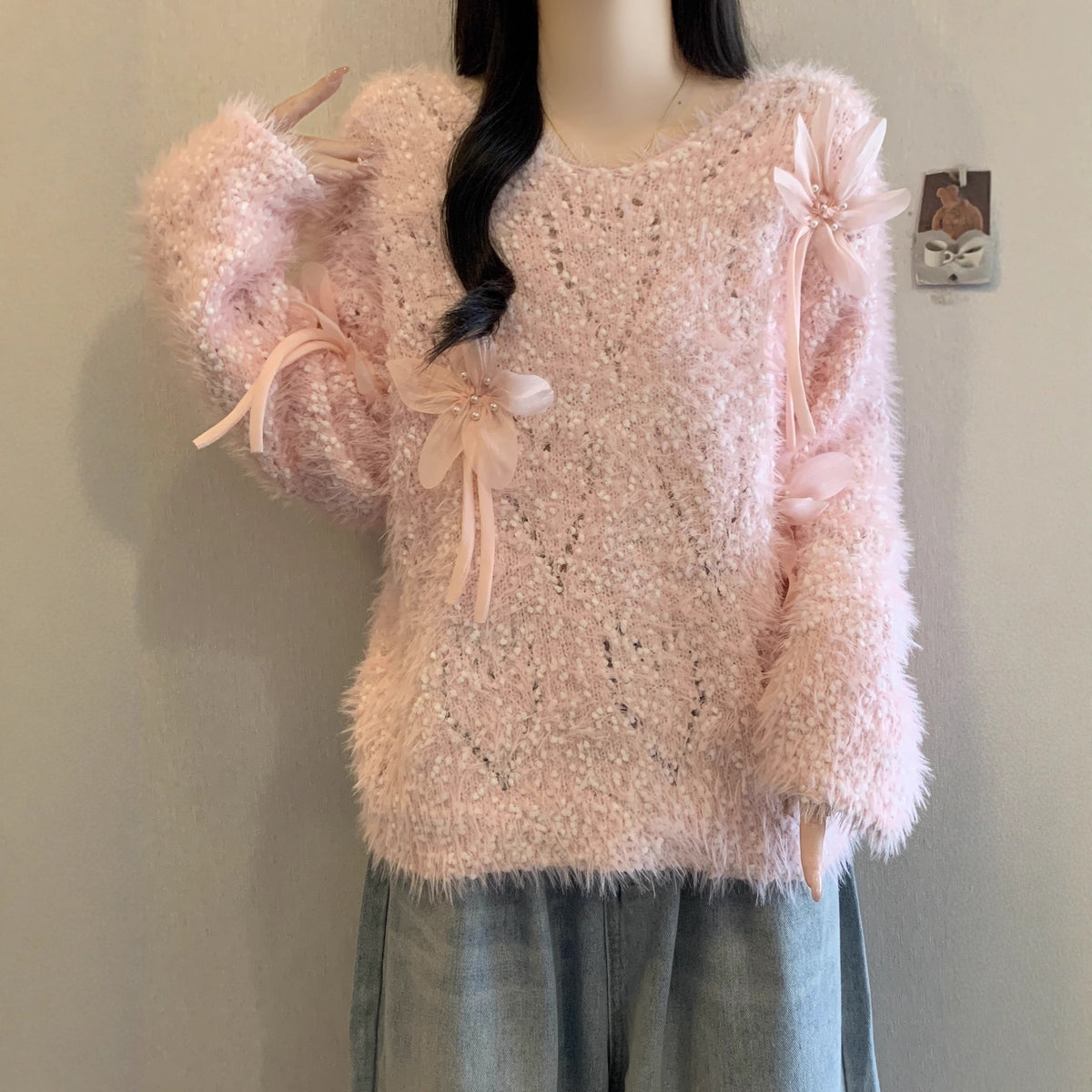 Autumn and Winter Plush Knitted Sweater for Women Sweet 3d Flower Decoration Loose Fit