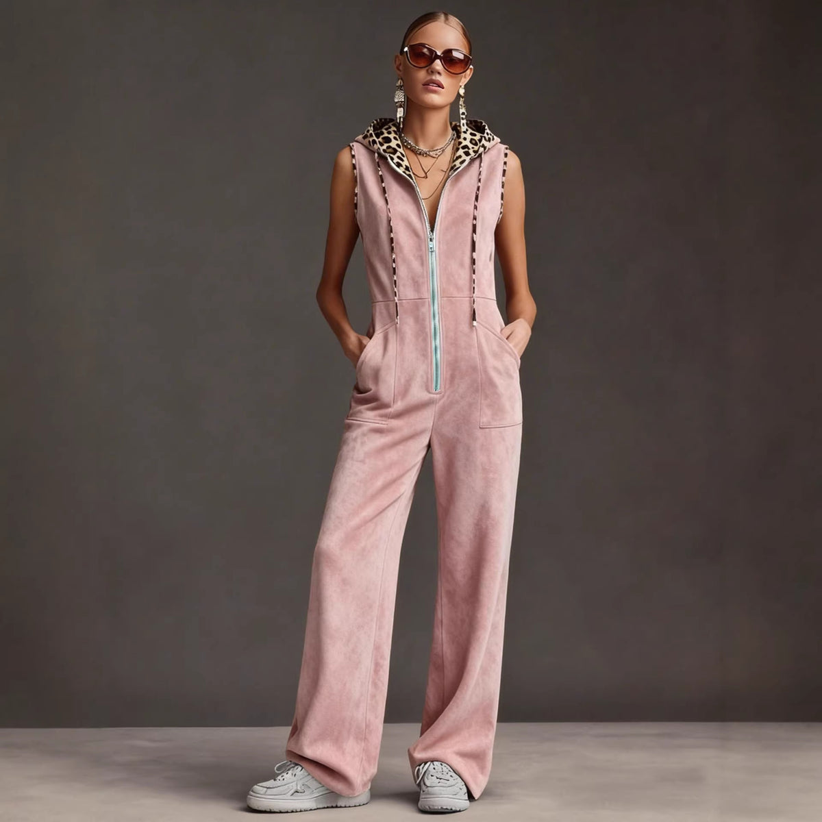Trendy Leopard Print Hooded Women's Jumpsuit