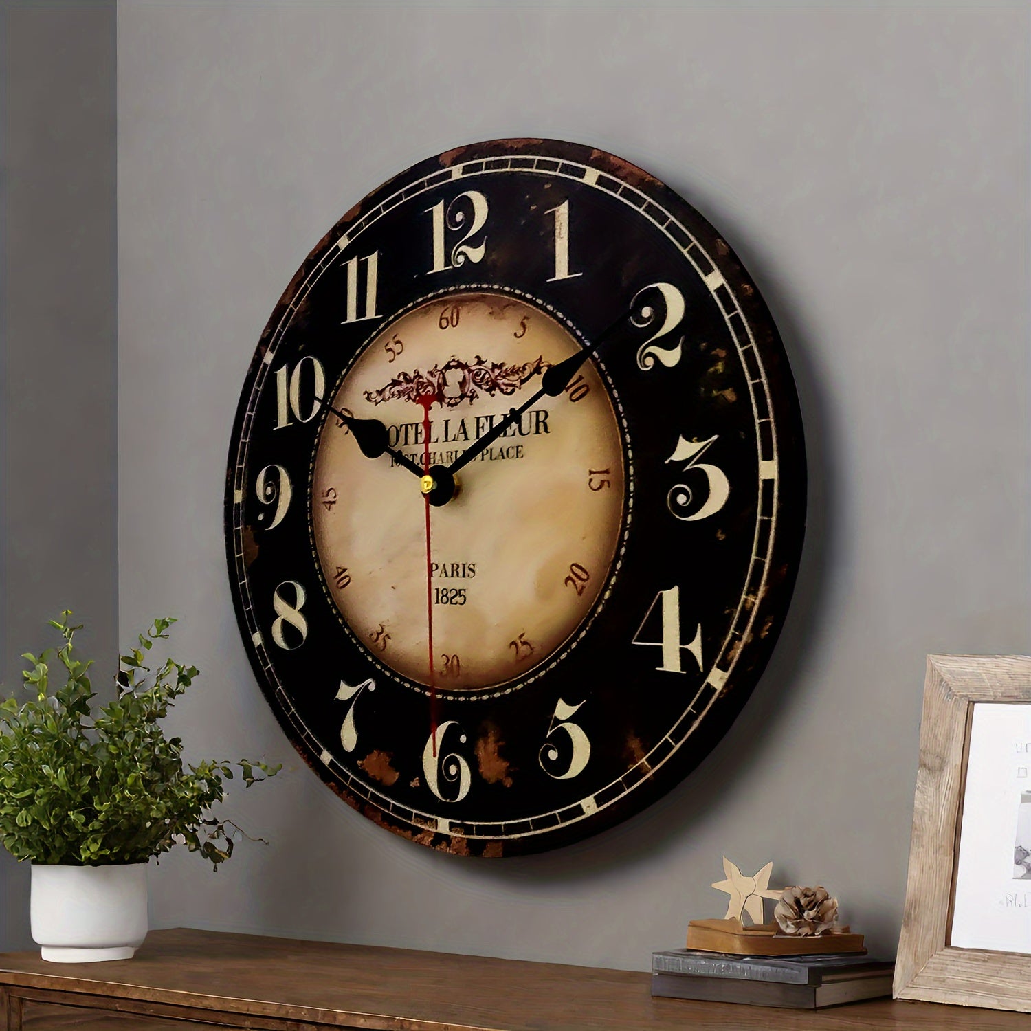 Black Paris Decorative Wall Clock with Big Arab Numerals, Retro Wood Wall Clocks for Living Room, Office and Kitchen, Colorful Quality Quartz Quiet Round Hanging Clock