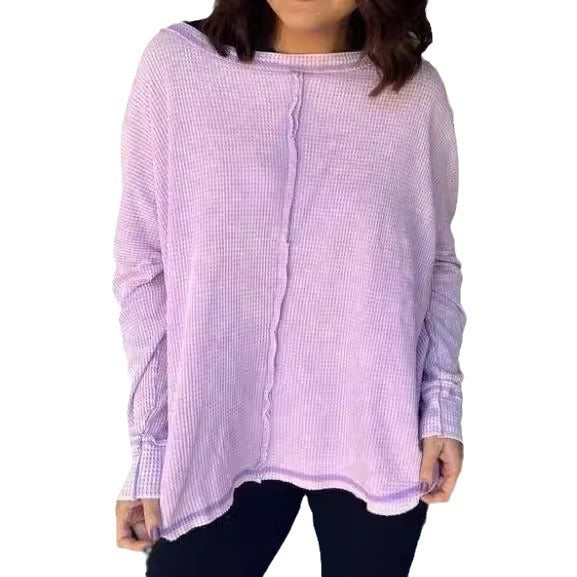 Women's Casual Washed Waffle Long-Sleeve Pullover Top