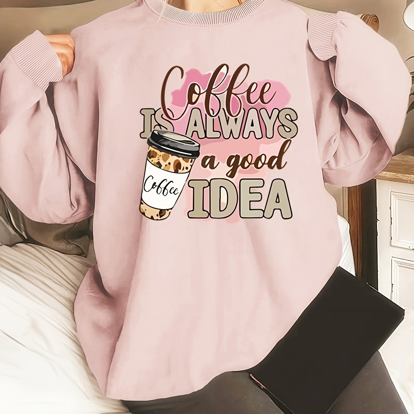 Plus Size Women's Coffee Cup Print Round Neck Sweatshirt
