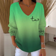 Womens Ribbed V-neck Three-quarter-sleeve Loose-fit T-shirt