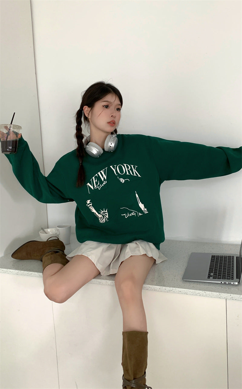 Printed Sweater Early Autumn New Retro Loose All-matching Slimming Top Women's Fashion