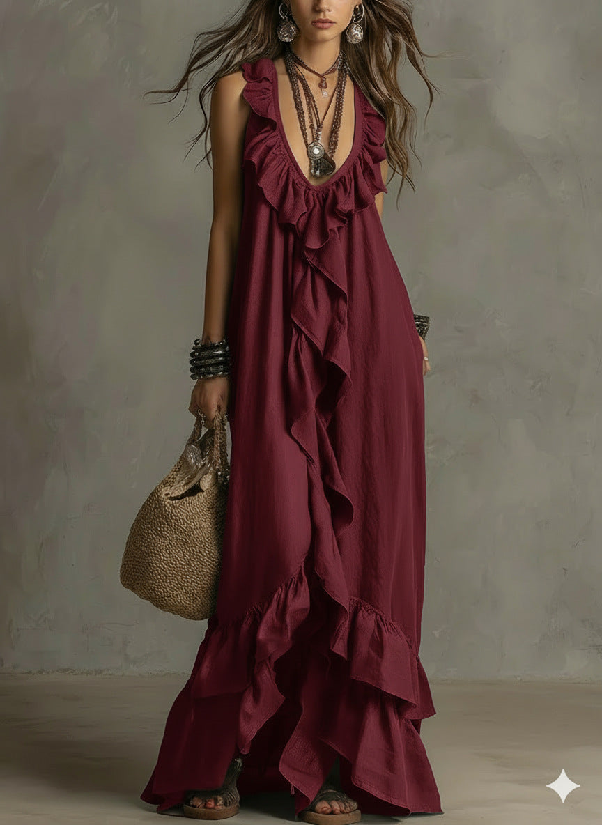 Bohemian V-Neck Ruffled Retro Dress