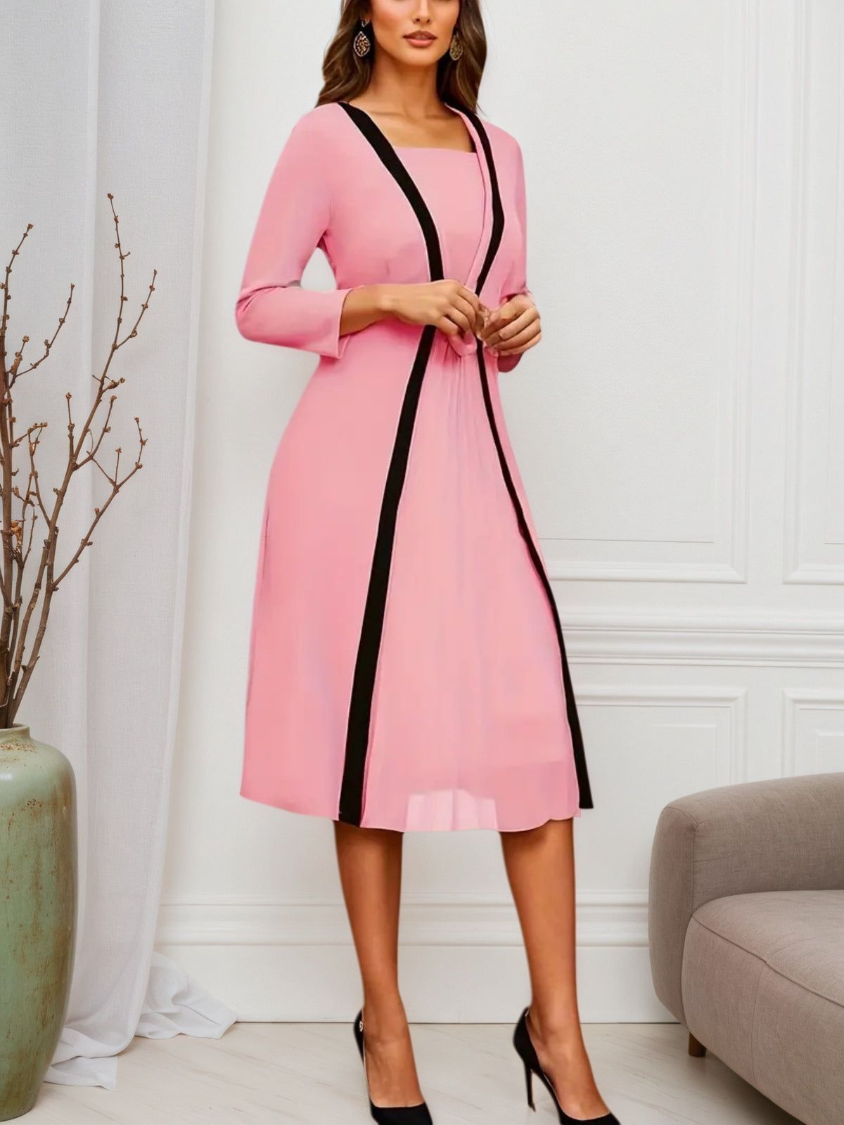 Elegant Color Block Layered Dress for Women