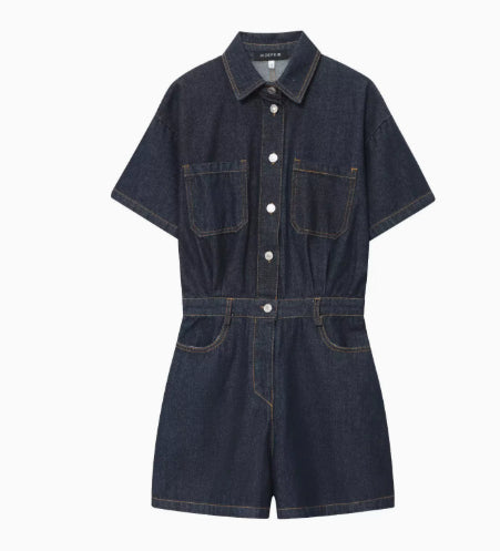 Denim Short Sleeve Jumpsuit Youth Streetwear Romper