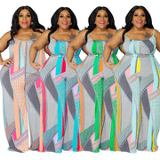 Plus Size Abstract Print Maxi Slip Overalls with Pockets