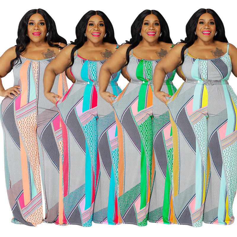 Plus Size Abstract Print Maxi Slip Overalls with Pockets