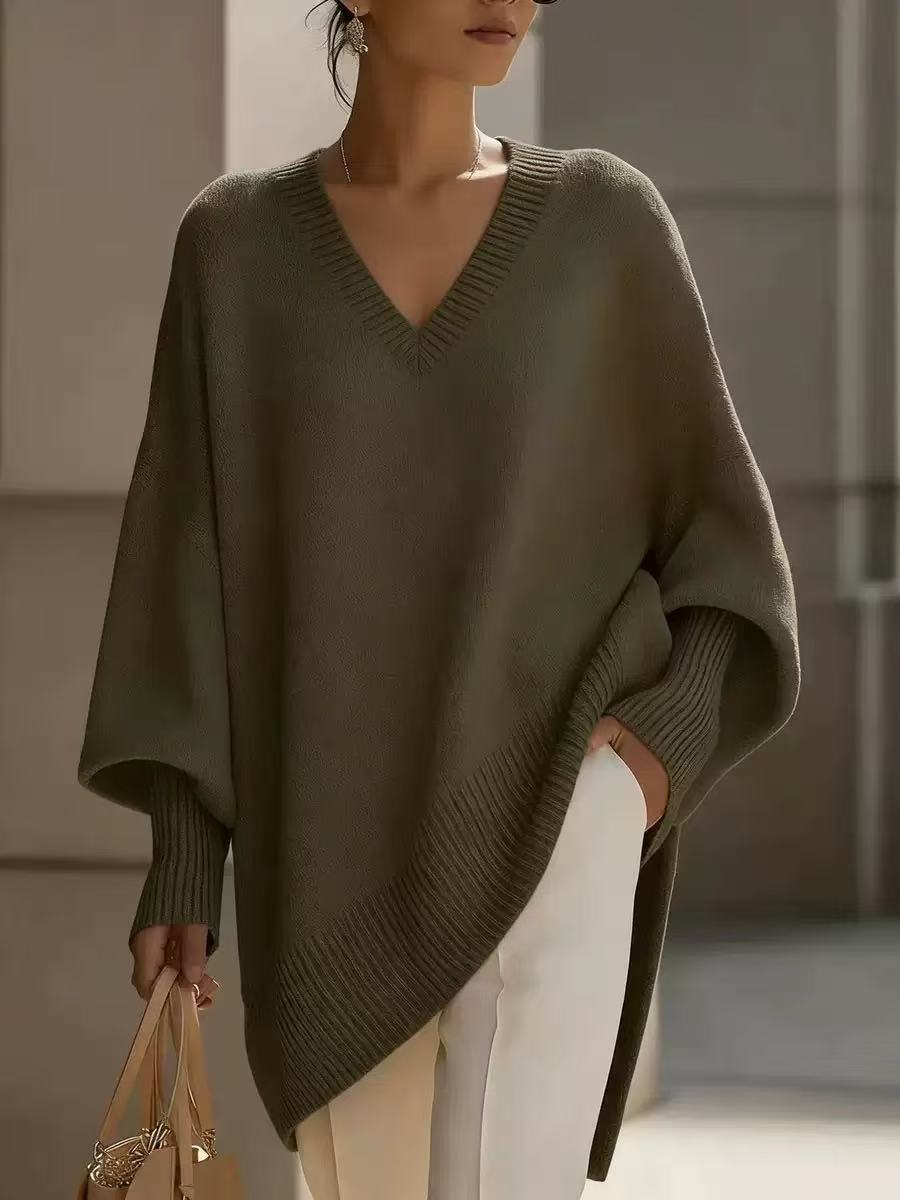 Solid-color Long-sleeve V-neck Laid-back Style Womens Sweater Top