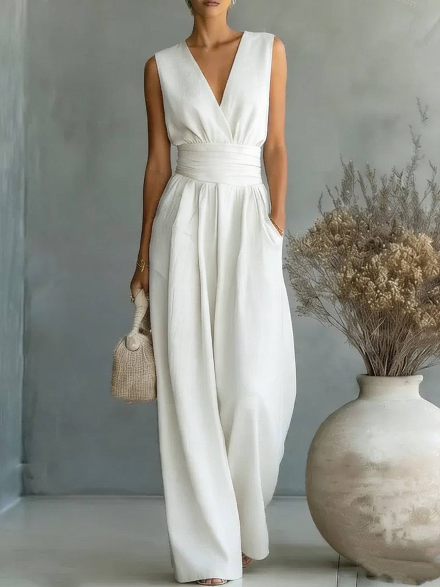 Womens Elegant Sleeveless Waist-Cinching V-Neck Sophisticated Jumpsuit