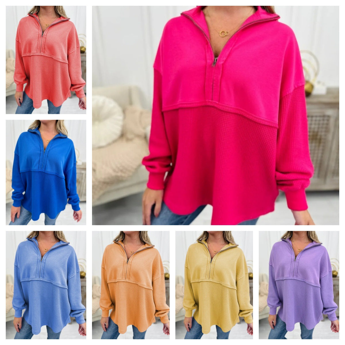 Women's Cozy Zip Patchwork Casual Pullover Sweater