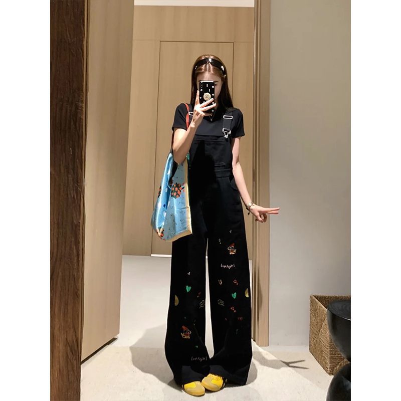 Cartoon Embroidered High-Waisted Loose Denim Suspender Pants