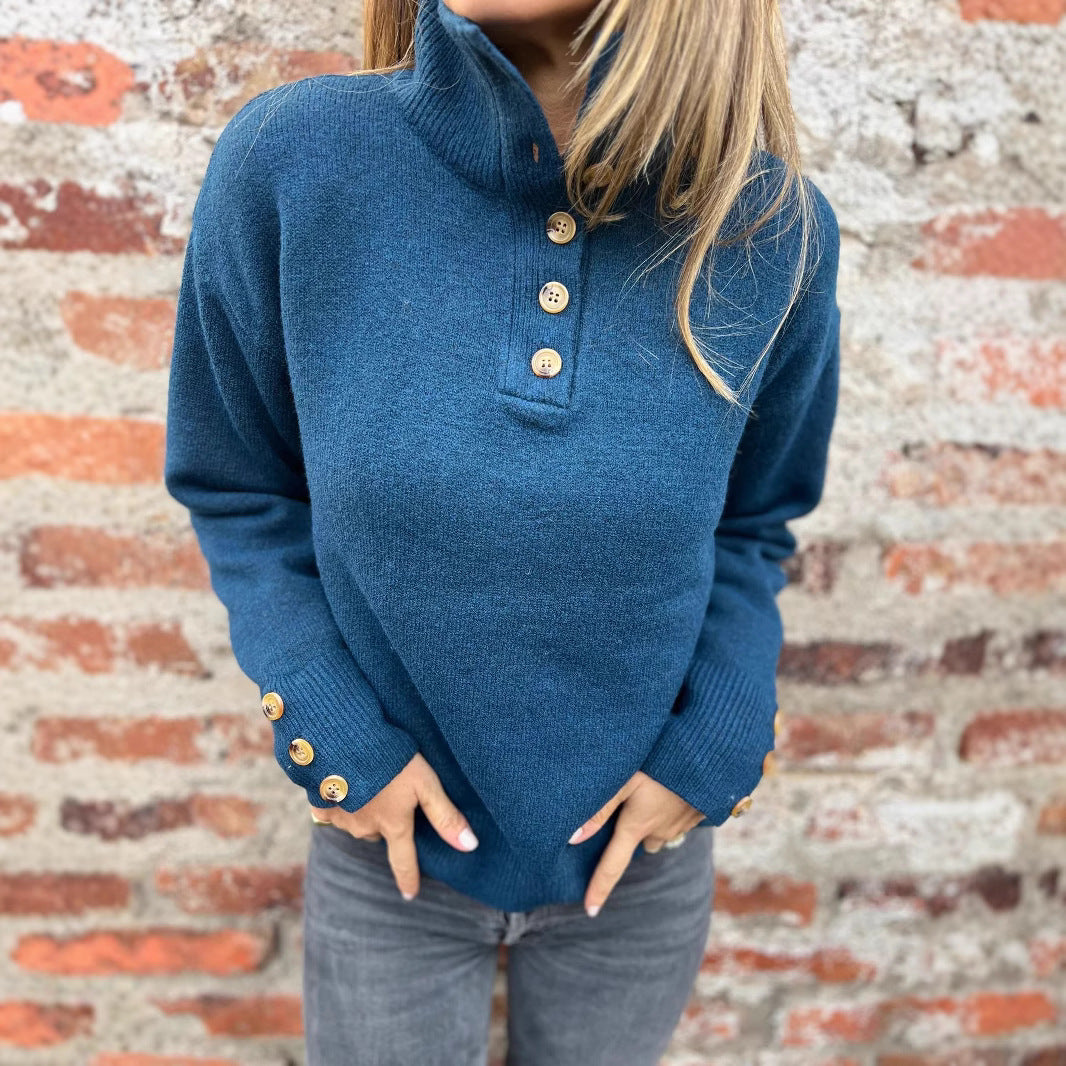 Stand Collar Buttons Casual Loose Sweater