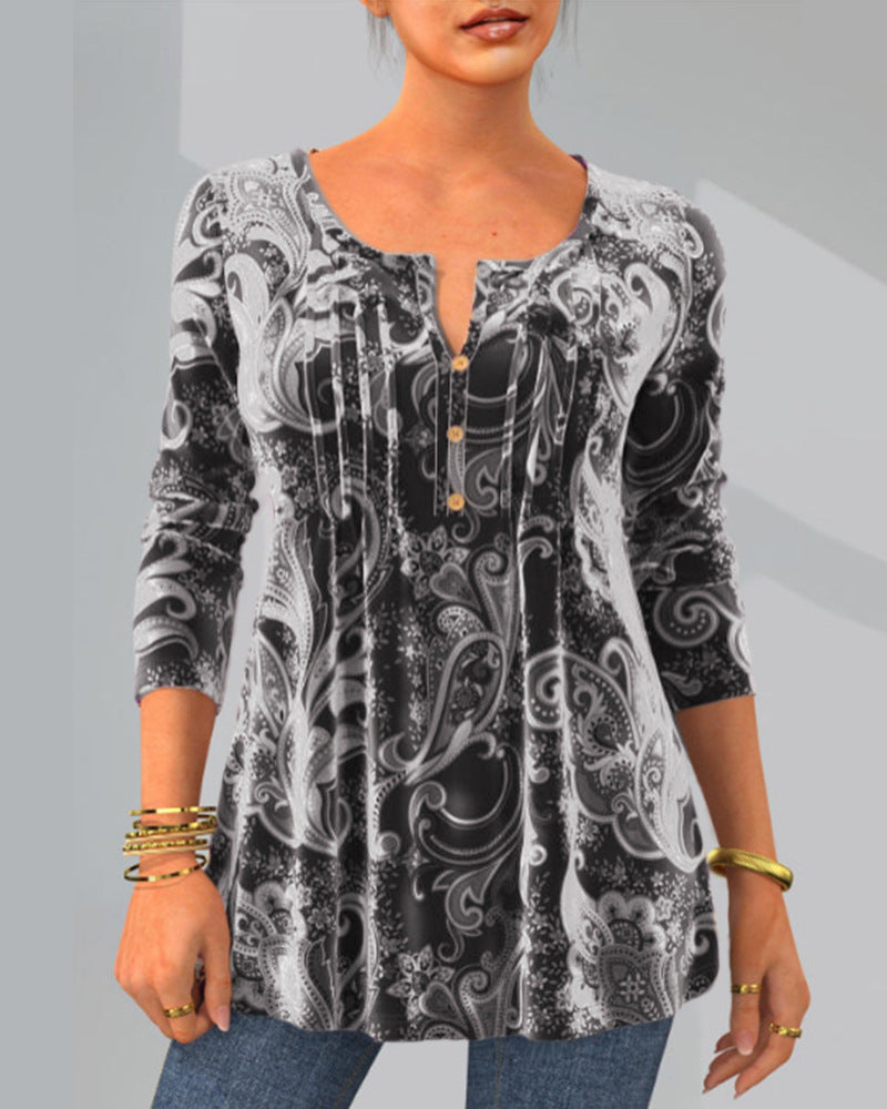 Chic Fashion Print Round Neck Long Sleeve Top