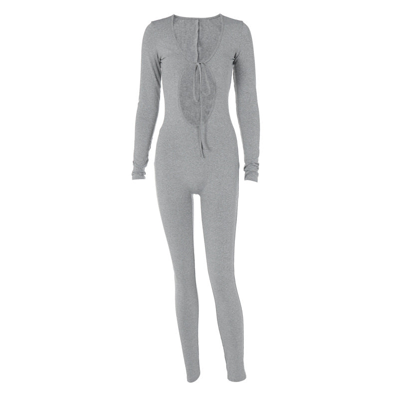 Slim-Fit Long Sleeve Chest Hollow Jumpsuit