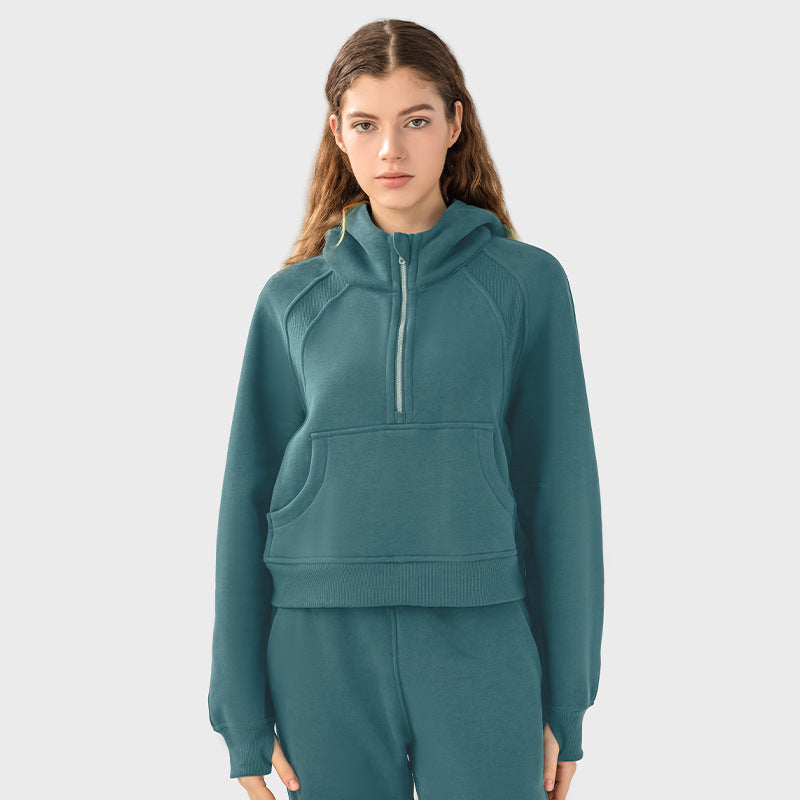 Autumn And Winter Hoodie Half Zipper Sweater Women's Short Casual Loose All-Match Sports Top