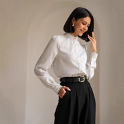 Womens Designer White Lace Long-Sleeve Blouse With Embellished Edges