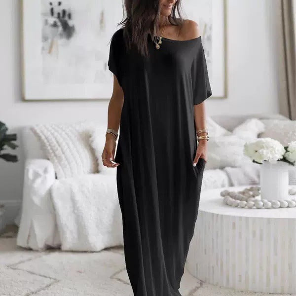 New Womens Solid-color Short-sleeve Long Casual Dress