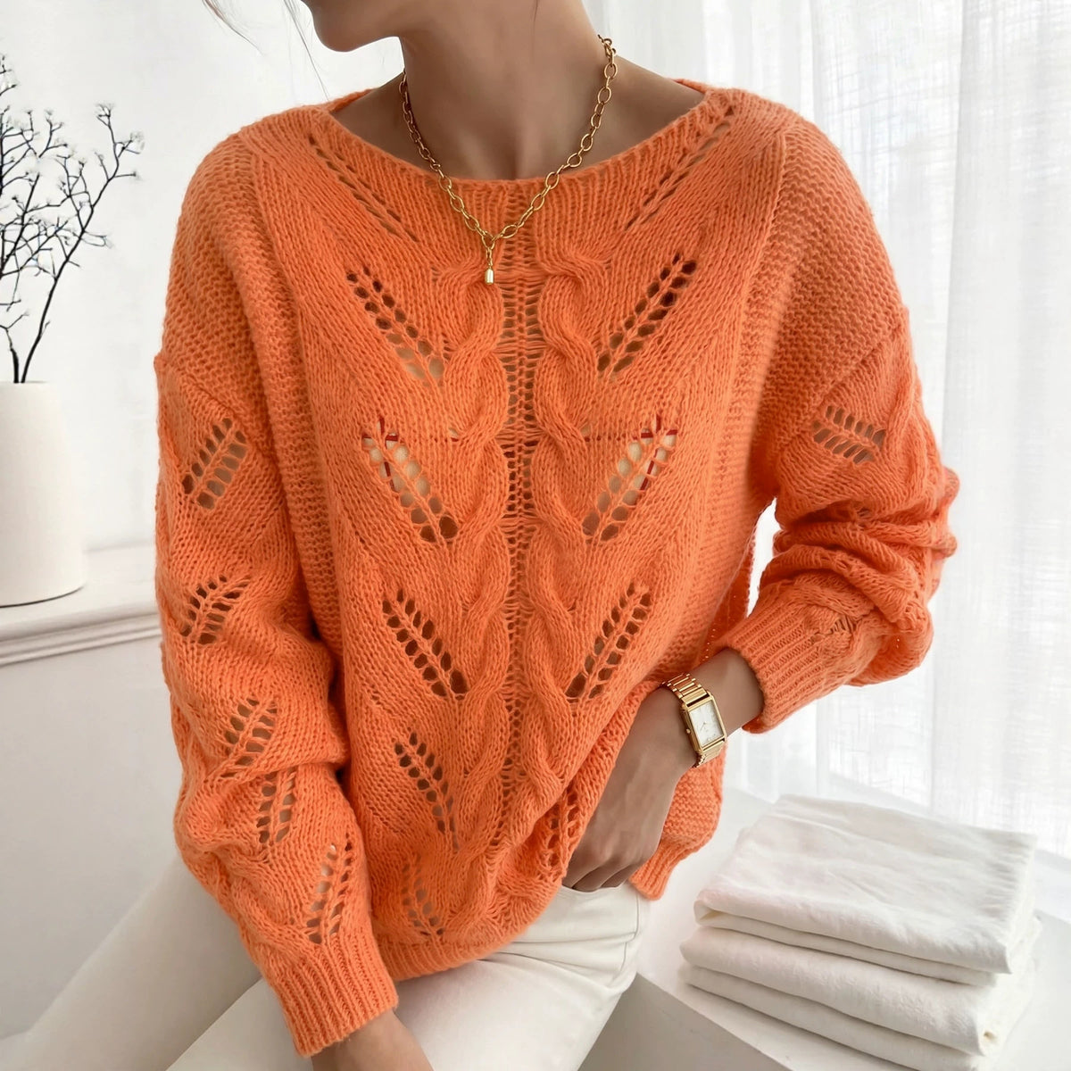 Autumnwinter Lazy-style Knit Sweater with Hollow-out Cable-knit Top