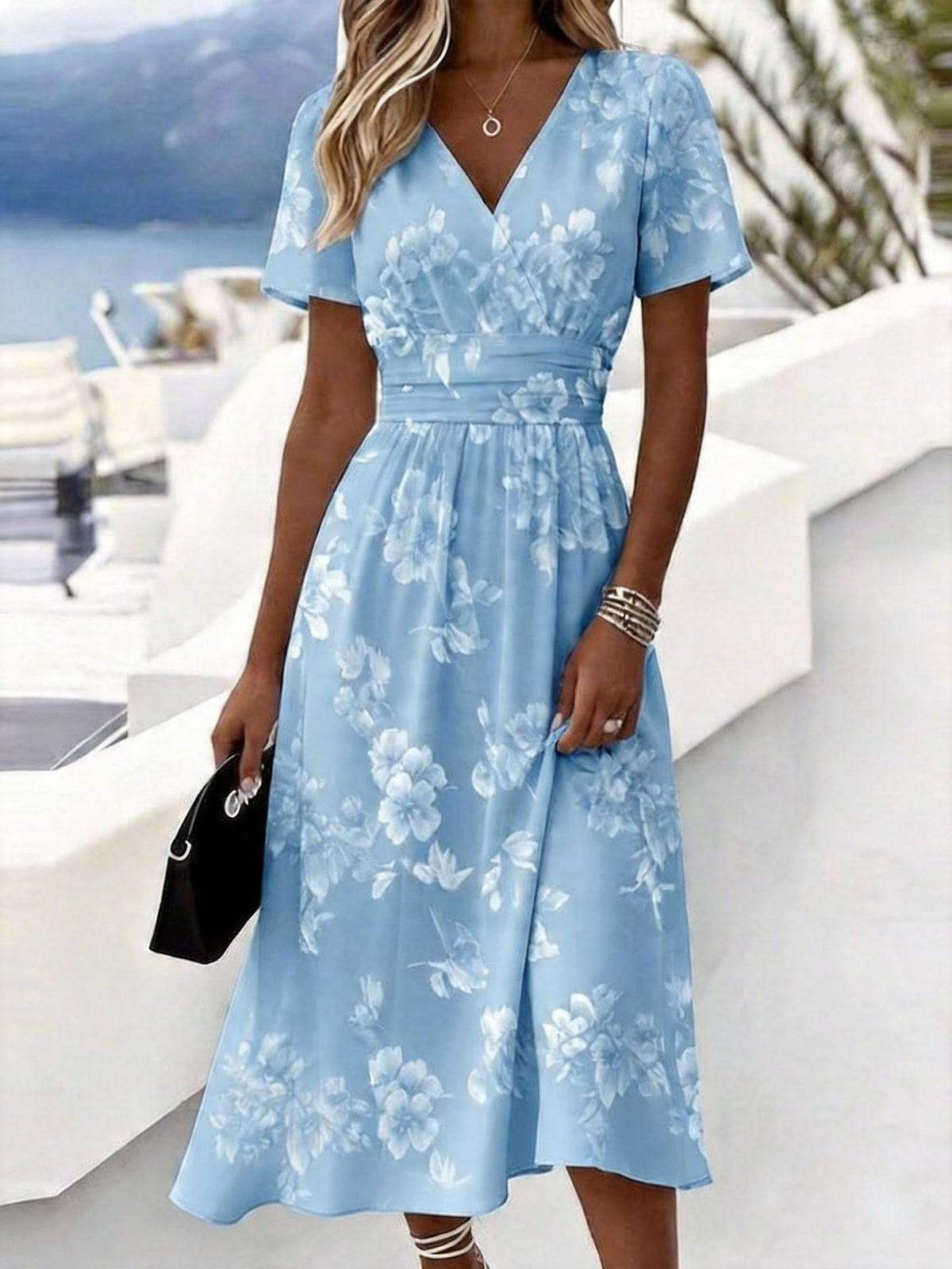 New Floral 3d Digital-print V-neck Short-sleeve Dress