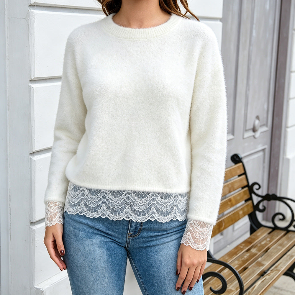 Womens Fashionable Loose-fit Lace-panel Knit Sweater