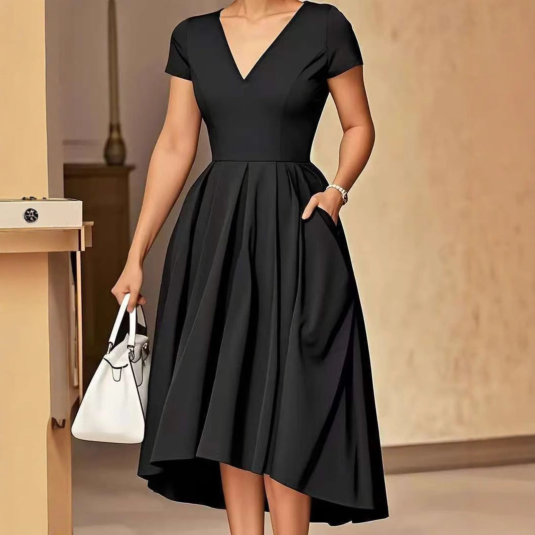 Solid-color Womens Elegant V-neck Short-sleeve A-line Dress with a Full Skirt