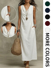 Women's Sleeveless Cowl Neck Maxi Dress with Pockets - Casual Loose Vacation Dress, Multiple Colors Available