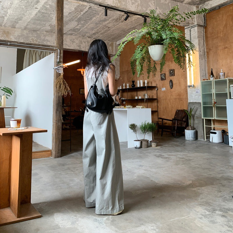 Womens Jumpsuit Overalls Wide-Leg Casual Pants Loose-Fit Straight-Leg Bib Trousers